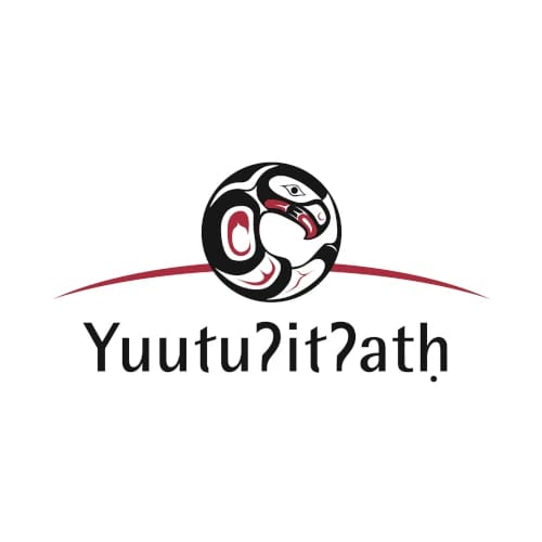 Stylized eagle within a circle, red and black accents, "Yuutuʔitʔath" text below, arched red line.