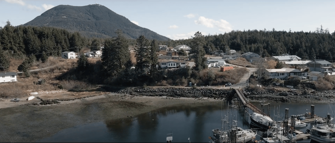 Coastal village with wooden piers, scattered houses, dense forest, and a mountain in the backdrop under a clear sky.
